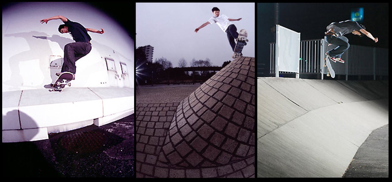 LEFT: OLLIE UP TO FRONTSIDE TAIL-SLIDE, CENTER: PIVOT TO FAKIE, RIGHT: BACKSIDE KICKFLIP