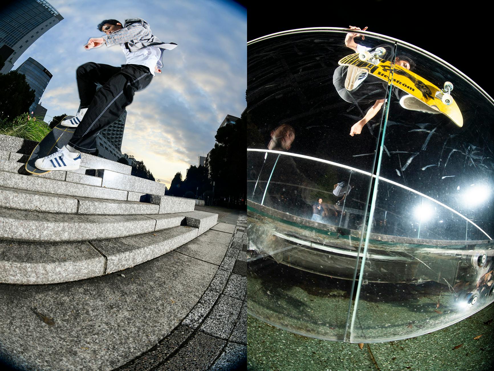 Shin Sanbongi, frontside noseblunt slide, frontside wallride 