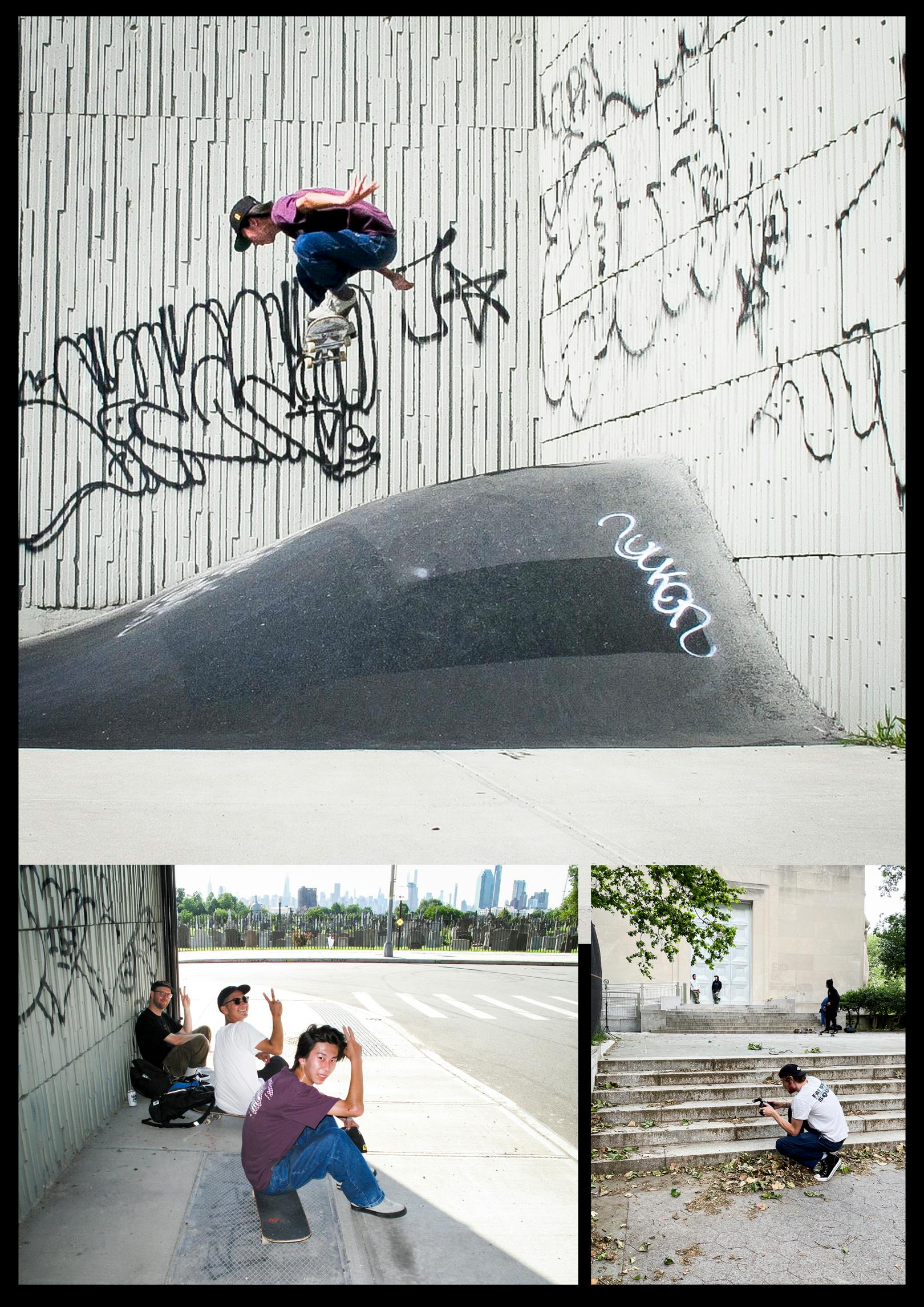 2022年に訪れたニューヨークでの写真。    上: バンクスポットでのOLLIE      左下: NEWYORKツアーを一緒に廻ったPAT STINER（左奥）、ISSEY YUMIBA（中央奥）と。      右下: フォトグラファーのCOLE。過去に撮影で来日したこともある。 Photos from Yuta’s visit to New York in 2022. Top: Ollie at the bank spot. Bottom left: With PAT STINER (left) and ISSEY YUMIBA (center back) on the New York tour.       Bottom right: Photographer COLE, who has visited Japan for shoots in the past.