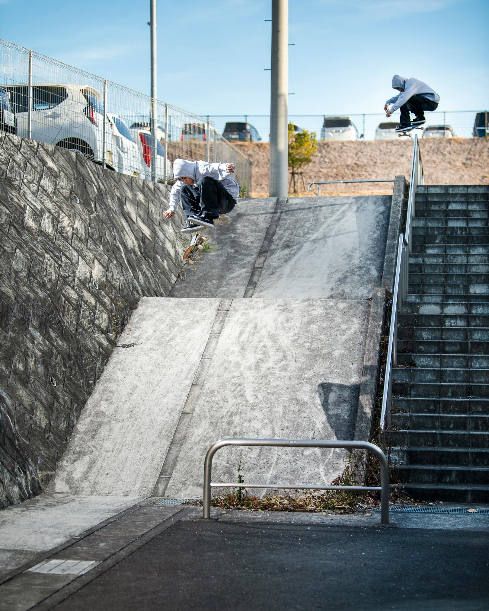 Ollie into bank, kickflip 