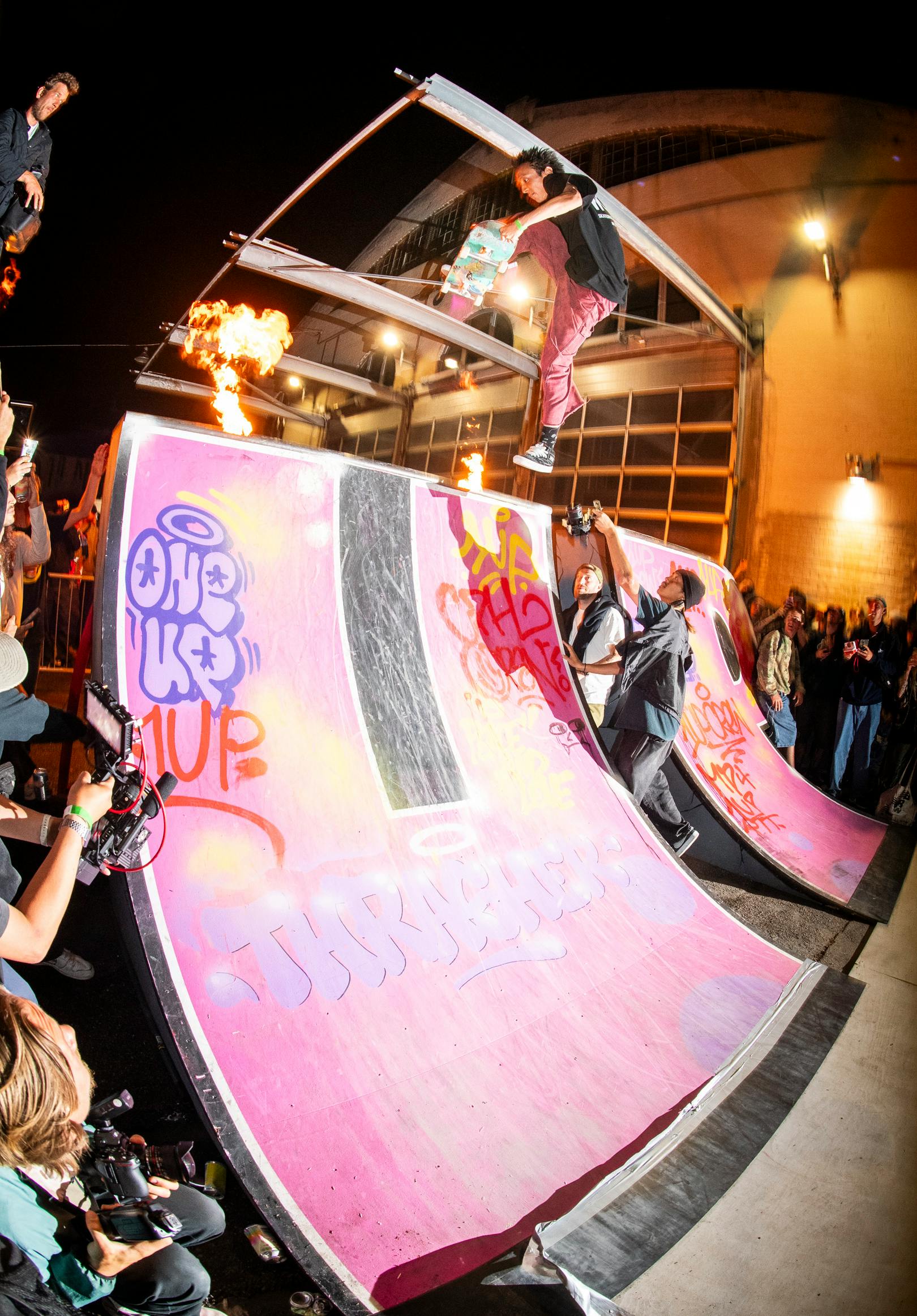 MADONNA AIR, CPH OPEN 2023/ The 1UP quarter pipes appeared again at the night event. Takeshi jumped around like a fish out of water, and the flames wants to burned him down./ ナイトイベントにまたもや出現したクォーターパイプ。水を得た魚の如く飛び跳ねるタケシとそれを焼き払う炎の饗宴。